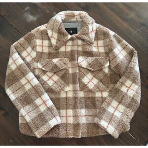 7 Seven For All Mankind Sherpa Tartan Plaid Trucker Jacket Cream & Brown Small